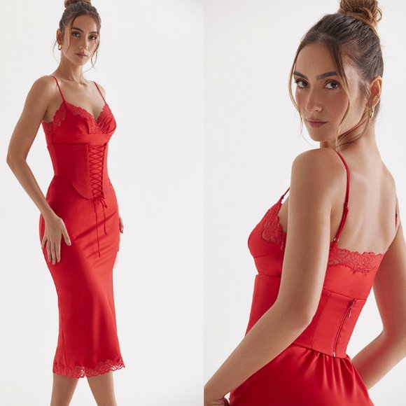 HOUSE OF CB 'Salma' Red Rose Satin Slip Dress NWOT - Picture 6 of 11